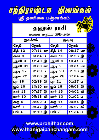 Sagittarius Zodiac Sign, Dhanur Raasi Chandrashtamam dates, தனூர் ராசி, மன்மத, துன்முகி, சந்திராஷ்டம நாட்கள், தினங்கள், ஸ்ரீதணிகை பஞ்சாங்கம், www.thanigaipanchangam.com, www.prohithar.com, Tambaram Astrologer, 2015, 2016, 2017, 2018 