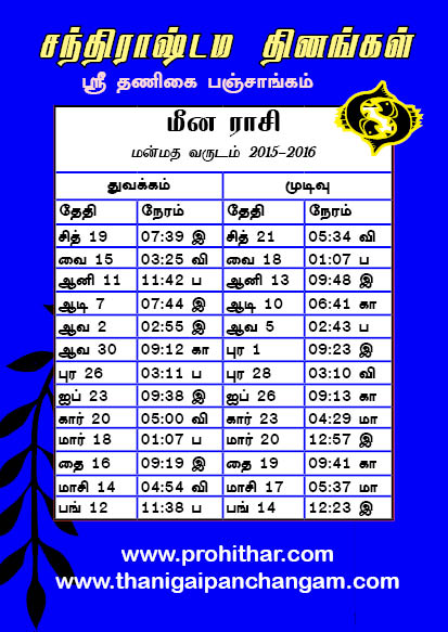 Pisces Zodiac Sign, Meena	Raasi Chandrashtamam dates, மீன  ராசி, மன்மத, துன்முகி, சந்திராஷ்டம நாட்கள், தினங்கள், ஸ்ரீதணிகை பஞ்சாங்கம், www.thanigaipanchangam.com, www.prohithar.com, Tambaram Astrologer, 2015, 2016, 2017, 2018 