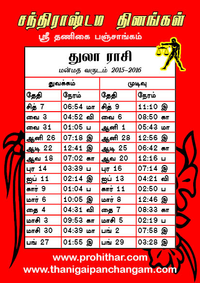 Libra Zodiac Sign, Thulam Raasi Chandrashtamam dates, துலா ராசி, மன்மத, துன்முகி, சந்திராஷ்டம நாட்கள், தினங்கள், ஸ்ரீதணிகை பஞ்சாங்கம், www.thanigaipanchangam.com, www.prohithar.com, Tambaram Astrologer, 2015, 2016, 2017, 2018 